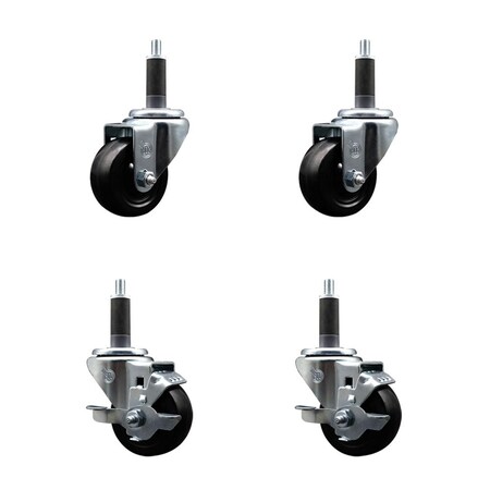 Service Caster 3'' SS Soft Rubber Wheel Swivel 1'' Expanding Stem Caster Set 2 Brakes, 4PK SCC-SSEX20S314-SRS-2-TLB-2-1